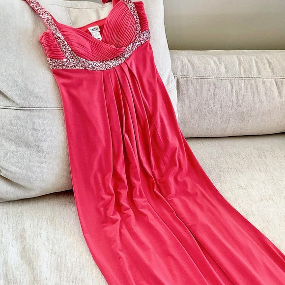 Cache Pink Dress Coral Beaded Sequin Silk Maxi Prom Dress Classic Elegance - Picture 1 of 13
